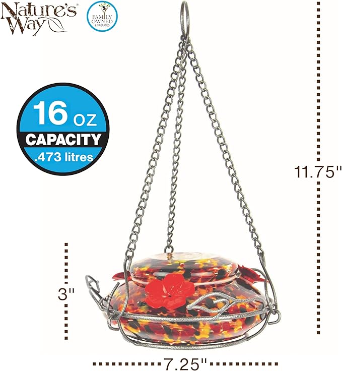 Nature's Way Bird Products GHF5 Hand Blown Garden Top Fill Hummingbird Feeder, 16 oz Capacity, Molten