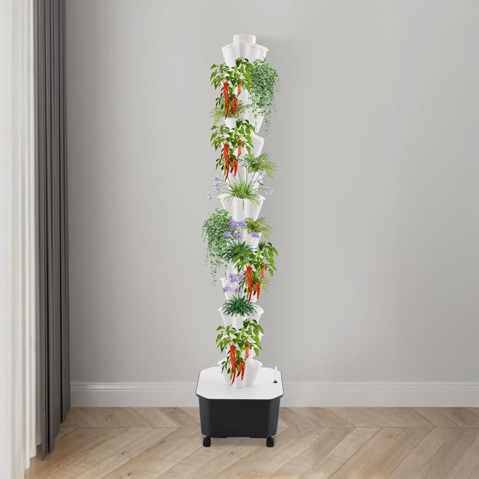 12-Tier 60-Hole Indoor Hydroponic Grow Tower, Vertical Garden System with 6.6Gal Tank & Water Pump, Self-Watering for Herbs, Lettuce, Strawberries, Space Saving Indoor Gardening for Home, Apartment