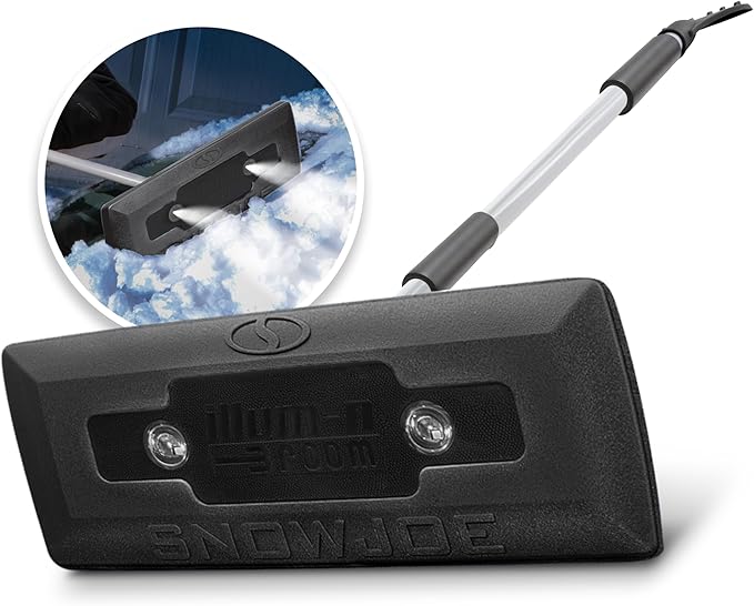 Snow Joe SJBLZD-LED-BLK 4-In-1 Telescoping Snow Broom + Ice Scraper, 18-Inch Scratch Free Foam Head, w/ LED Headlights, Black