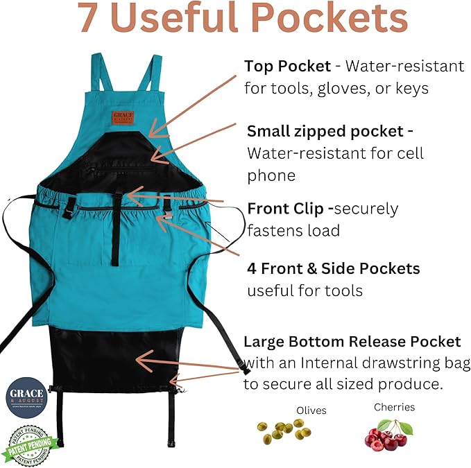 Gardening Apron with Pockets for Women & Men - Garden Apron 7 Pockets & Internal Drawstring Bag - Great Gift