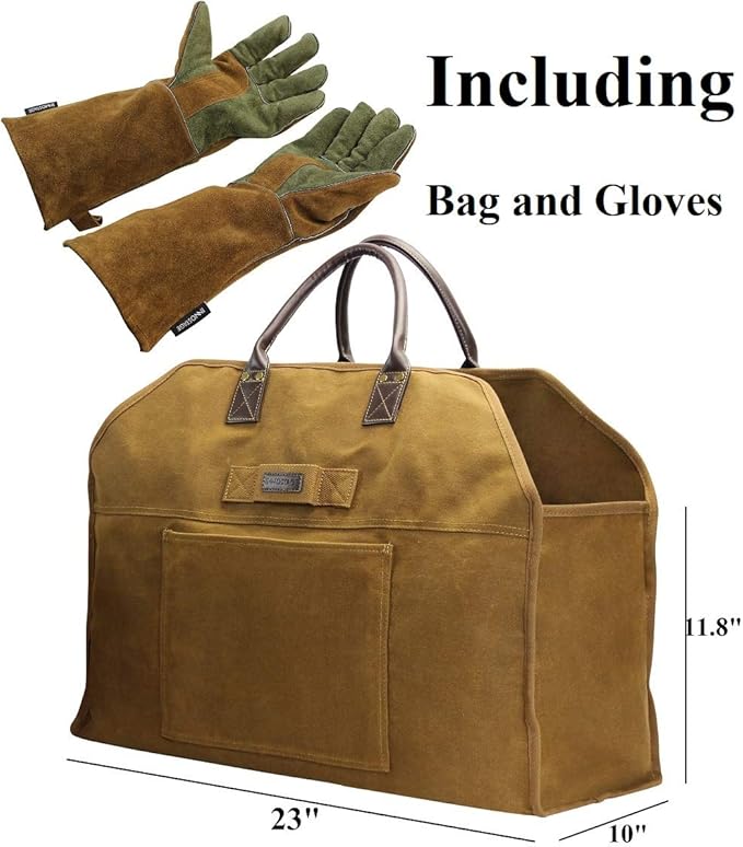 INNO STAGE Firewood Log Carrier Bag Waxed Canvas Tote Holder with Fireplace Pure Leather Gloves for Hay Hauling Outdoor Camping, BBQ Barbecue