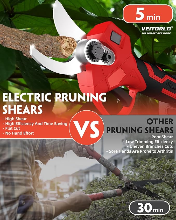 VEITORLD 20V Electric Pruning Shears, Garden Shears, 30mm 1.2'' Cutting Diameter Portable Cordless Branch Cutter Tree Trimmer with LCD Display＆Replaceable Blade (Included 2.0Ah Batteries)