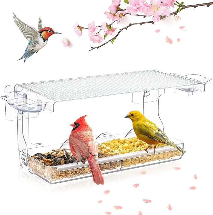Window Bird Feeder for Outdoors, Clear Wild Bird Feeders Window Mounted with Self-Adhesive Hooks, Outside Hummingbird, burd, Oriole, Finch Bird Watching for Garden, Yard, Elderly Kids Viewing