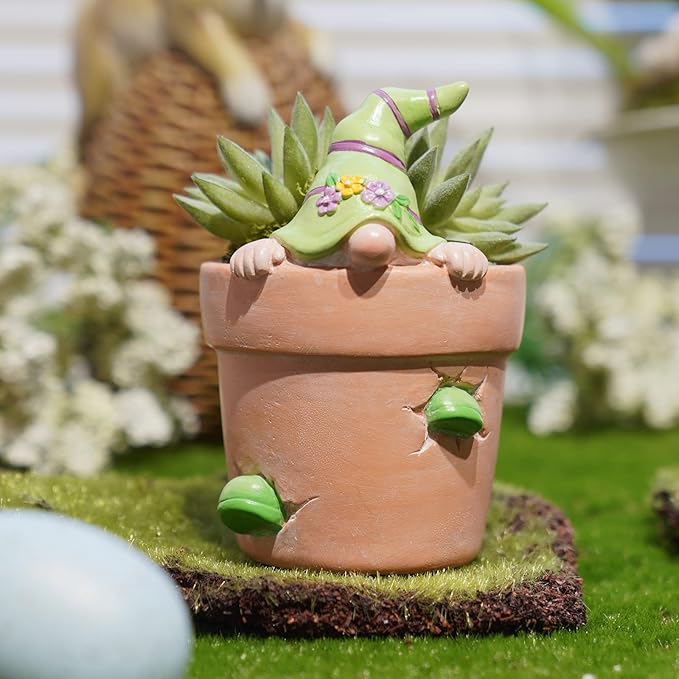 Newman House Studio Flower-Pot Spring-Gnomes Easter Decorations Cactus-Succulents - Unique Garden Pots Easter Decorative Green Planter with Drainage Hole for Home Farmhouse Decor 3 x 3.25 x 4.5 inch