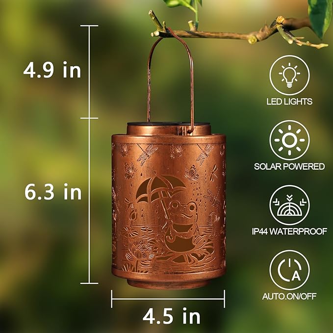 Solar Lanterns Garden Decor Birthday Gifts for Women Mon Grandma Metal Hanging Solar Lights Waterproof Outdoor Decoration for Outside LED Lanterns for Yard Patio Lawn (Frogs)