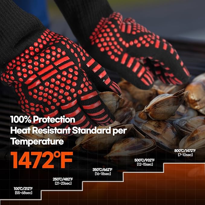 BBQ Gloves Heat and Flame Resistant Protection - Oven and Grill Gloves Hand Protection, Extended Wrist for Addtional Safety, Ideal for Outdoor Cooking, Grilling, Barbeque and Campfire (Red)