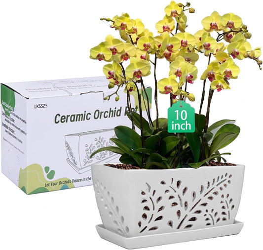 Ceramic Orchid Pot, 10 Inch Rectangular Orchid Pots with Holes, Premium Thickened Handmade Glazed Pot for Orchidaceae Plants, Indoor Outdoor Decorative Flower Pot for Easy Repotting
