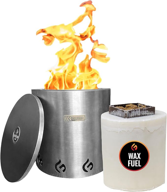 El Campo Portable Wax-Burning Fire Pit – Clean-Burning, No-Wood Fuel with 8-Hour Wax Refill – Compact and Durable for Camping, Travel, and Outdoor Use – Stainless Steel Finish