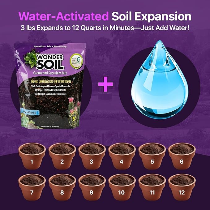 WONDER SOIL | Organic Cactus & Succulent Soil Mix (12 Quarts) | Fast Draining Living Coco Coir Loaded w/Nutrients | Ready to Plant Indoor/Outdoor Peat-Free Potting Soil | 3 LB Expands to 12 Quarts
