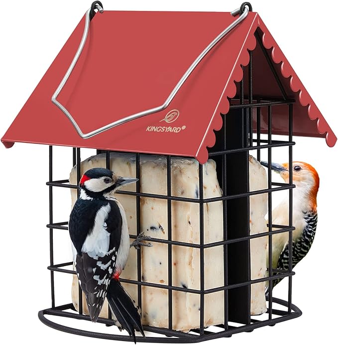 Kingsyard Double Suet Bird Feeder with Weatherproof Roof & Perch, All Metal, Suet Cakes Cage Bird Feeder for Outdoors Hanging, Easy to Clean & Refill, Red