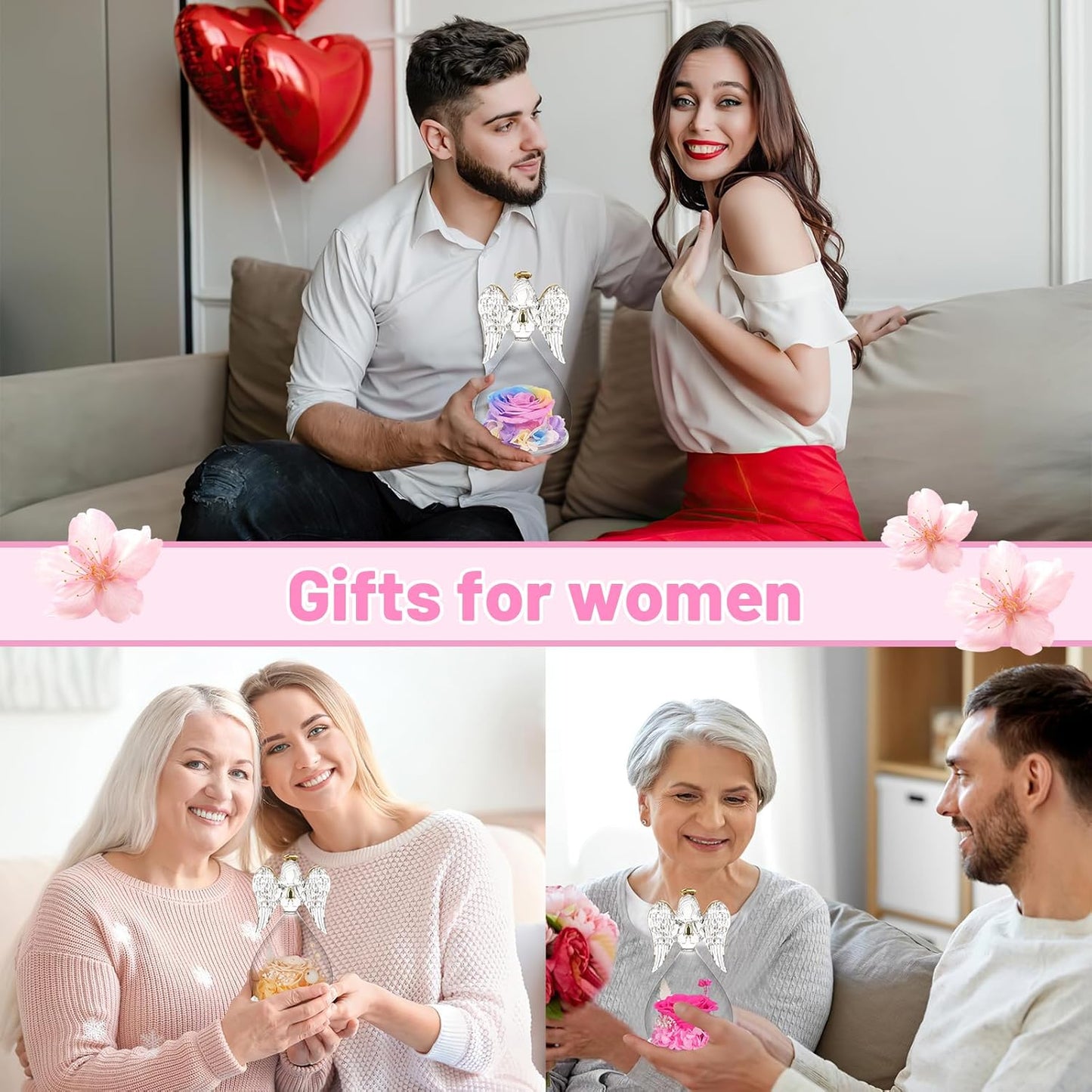 Yamonic Birthday Gifts for Mom,Christmas Angel Figurines with Real Rose Gifts for Her Mom Grandma,Preserved Flowers Rose Glass Angel Figurine for Mothers Day Christmas Birthday Gifts for Her(Hotpink)