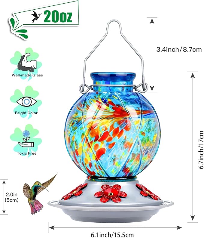 Hummingbird Feeder, BOLITE Glass Hummingbird Feeders for Outdoors Hanging, Hand Blown, with Ant Moat and Five Feeding Ports, Meshy Texture Ball Shape Bottle, 20 Ounces, Blue, Gifts for Women Men