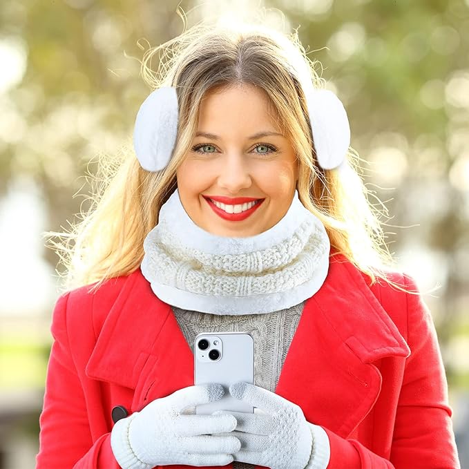 5 Pieces Women Winter Warm Set Knit Beanie Hat Scarf Touchscreen Gloves Earmuffs Stockings 5 in 1 Ski Outing Set for Gift