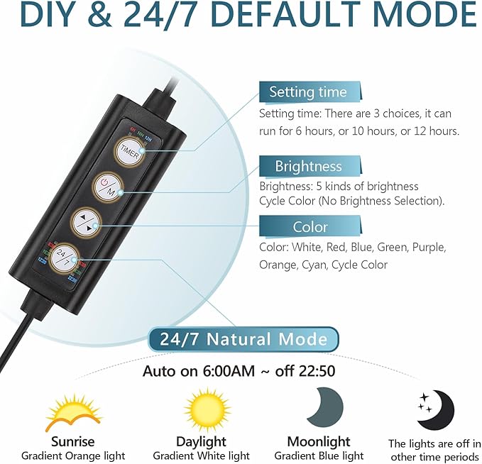 hygger Clip On 24/7 Lighting Aquarium LED Light,Sunrise-Daylight-Moonlight and DIY Mode, Adjustable Timer/Brightness Fish Tank Light with 7 Colors for Planted Tank