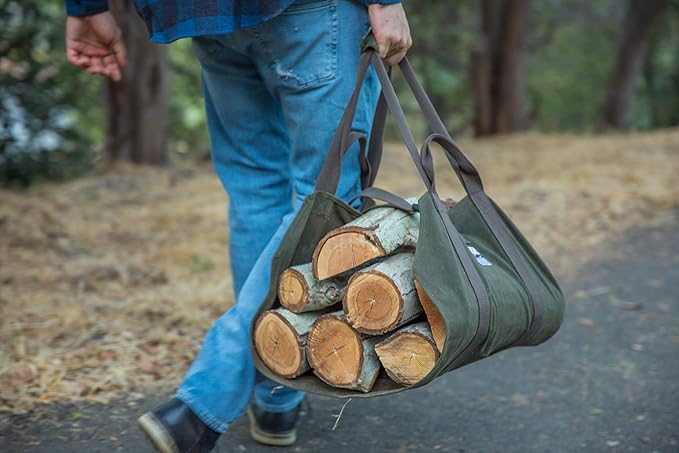 Heavy Duty Waxed Canvas Firewood Log Carrier Bag Tote – Unique Dual Handles allow Secure Comfortable grip with various load sizes. Cinch Strap holds all wood in place (Olive/Brown)