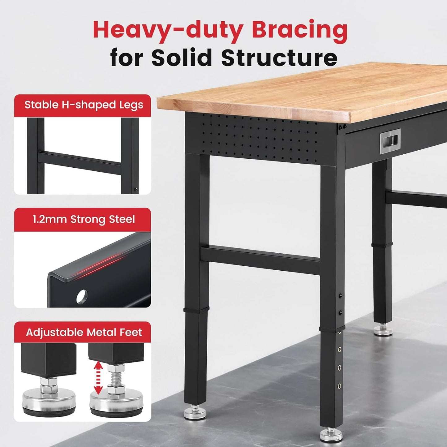 Work Bench with Storage Adjustable Workbenches with Drawer for Garage 48 Inch Rubber Wood Top Garage Workbench with Pegboard, Power Outlets for Woodworking,Home, Office, Workshop