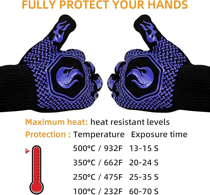 BBQ Fireproof Gloves, Grill Cut-Resistant 1472°F Heat Resistant Gloves, Non-Slip Silicone Oven Gloves, Kitchen Safe Cooking Gloves for Oven Mitts,Barbecue,Cooking, Frying,13.5 Inch-Blue