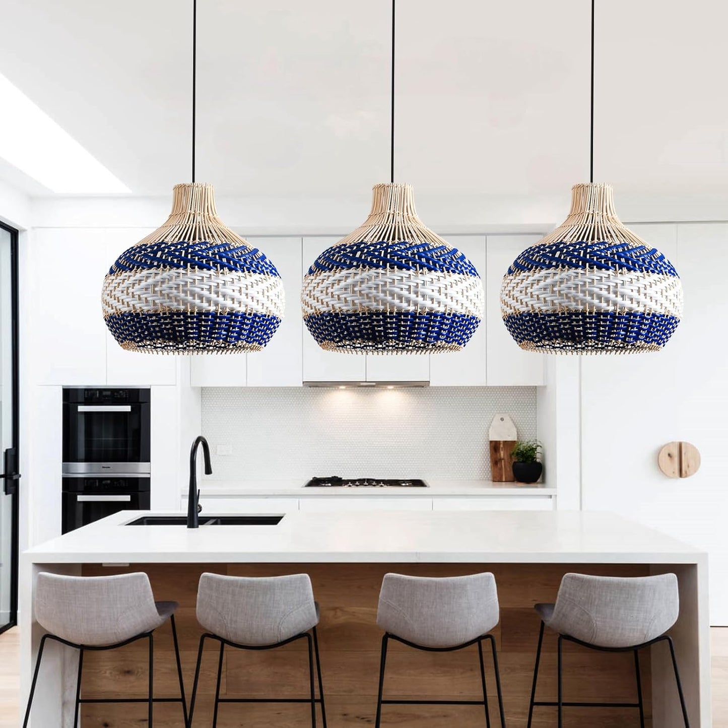 3-Light Rattan Pendant Light 15" Hand-Woven Blue White Wicker Basket Chandelier Boho Faux Rattan Hanging Light,for Living Room Bedroom Kitchen Hallway Dining Farmhouse 1-Pack