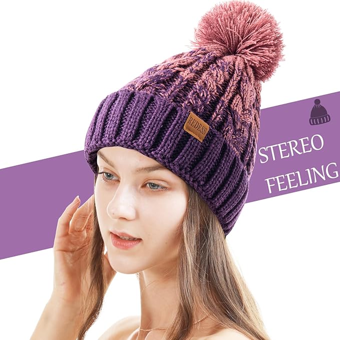 REDESS Women Winter Pompom Beanie Hat with Warm Fleece Lined, Thick Slouchy Snow Knit Skull Ski Cap
