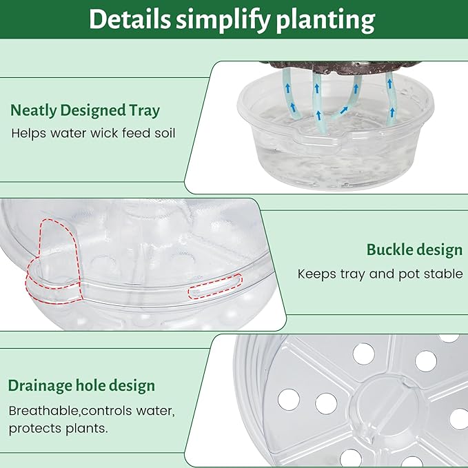 18 Pack 6.5/5/4 Inch Clear Self Watering Plant Pots with Bottom Water Tray & Watering Rope, Transparent Nursery Pots with Drainage for Seedlings, Herbs, and Houseplants