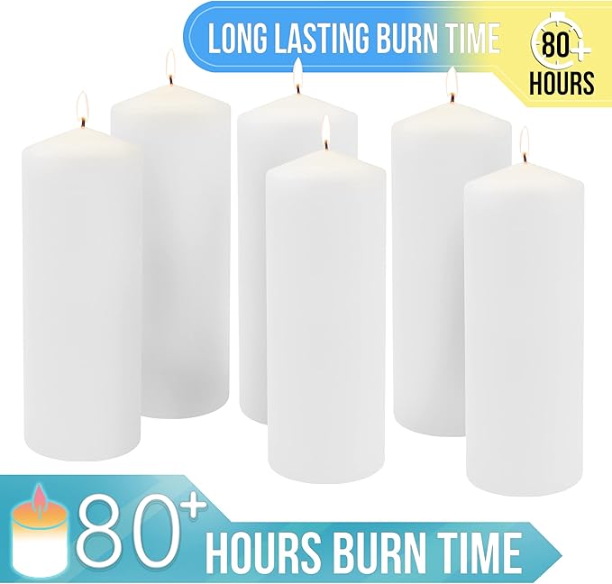 Stonebriar Unscented White Tall Pillar Candles, 80 Hour Burning Candle Pillars, Perfect for Decor, Weddings, Emergencies 3" X 8", 6 count