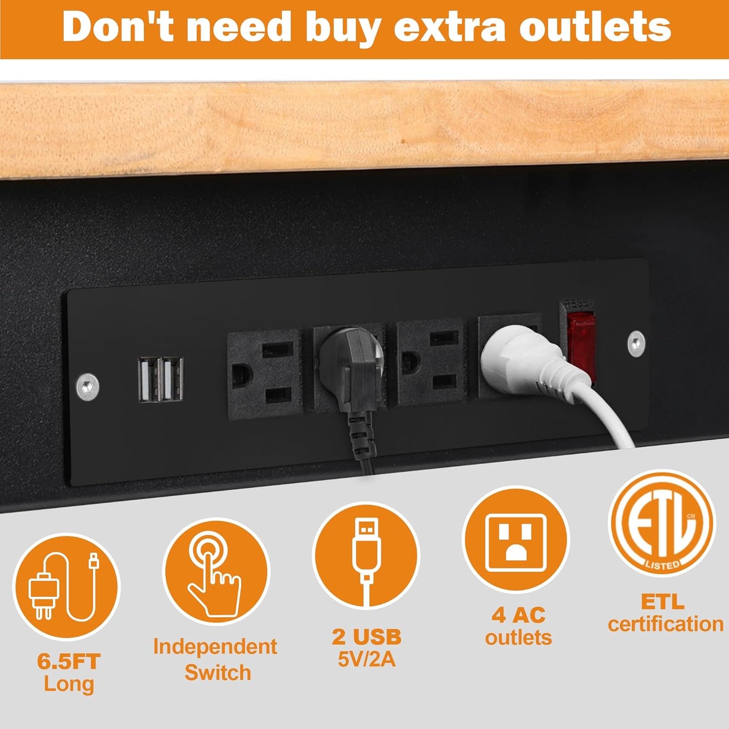 48" Adjustable Workbench for Garage, Rubber Wood Heavy Duty Workstation with Power Outlets & Wheels, 2000 LBS Load Capacity Hardwood Worktable for Workshop, Garage, Office, Home, Commercial