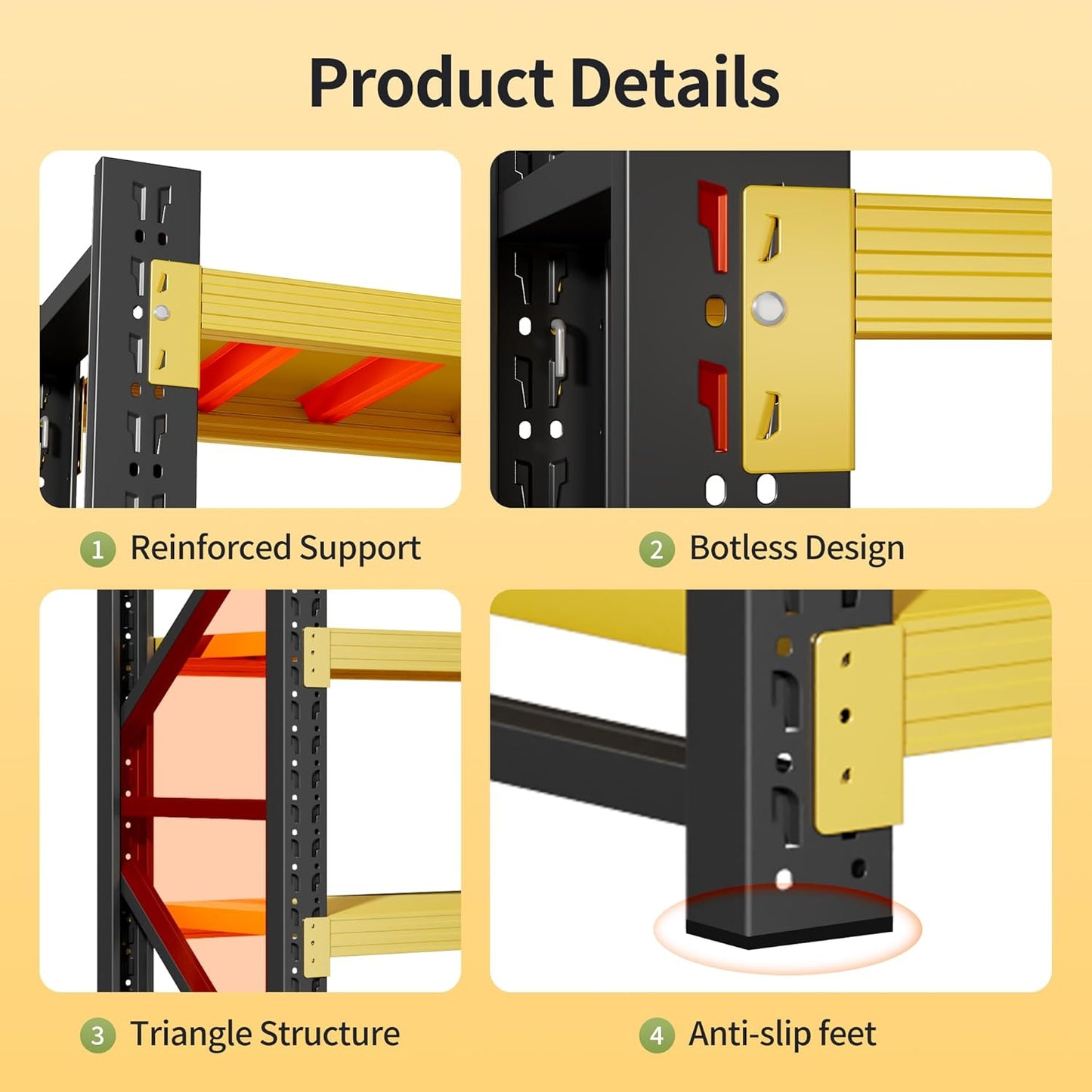 Garage Shelving Unit, 4 Tier Heavy Duty Racks, Easy Assembly, Metal Racks with Adjustable Shelves, 3000 LBS Load Capacity,for Warehouse,Basement (Black&Yellow, 19.7" D x 31.5" W x 78.7" H)