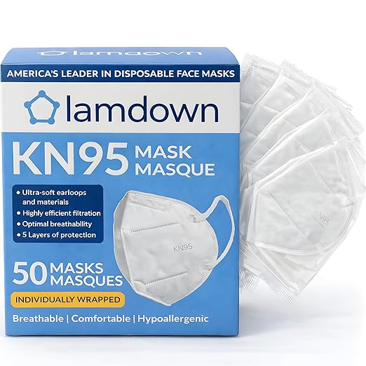 (50-Pack KN95 Face Masks, Individually Wrapped, Premium Disposable Dust Mask, White