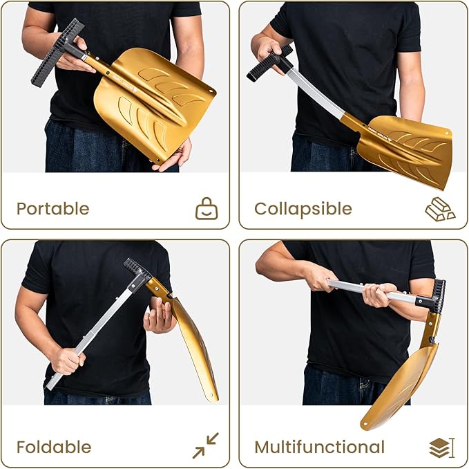 OneTigris Snow Shovel, Collapsible Aluminum Alloy with Ice Scraper Brush - Portable Folding Shovel for Camping, Car Emergency, Winter Outdoor - 25.98" Lightweight Durable Design (Coyote Brown)
