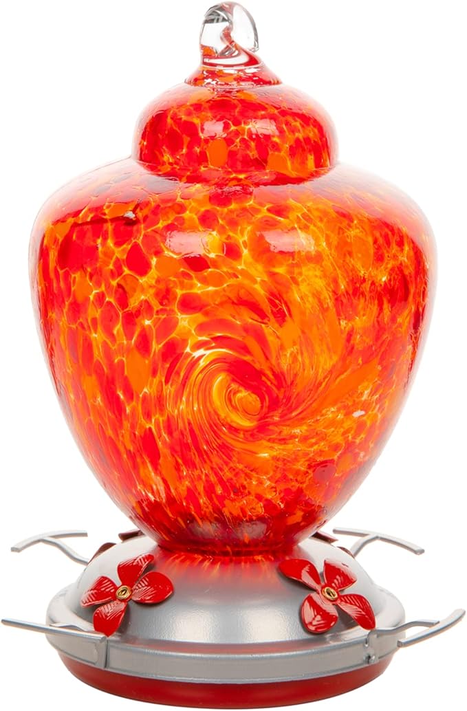 REZIPO Hummingbird Feeder with Perch - Hand Blown Glass - Red - 38 Fluid Ounces Hummingbird Nectar Capacity Include Hanging Wires and Moat Hook