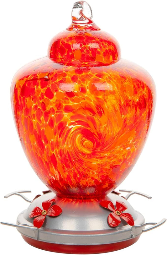REZIPO Hummingbird Feeder with Perch - Hand Blown Glass - Red - 38 Fluid Ounces Hummingbird Nectar Capacity Include Hanging Wires and Moat Hook