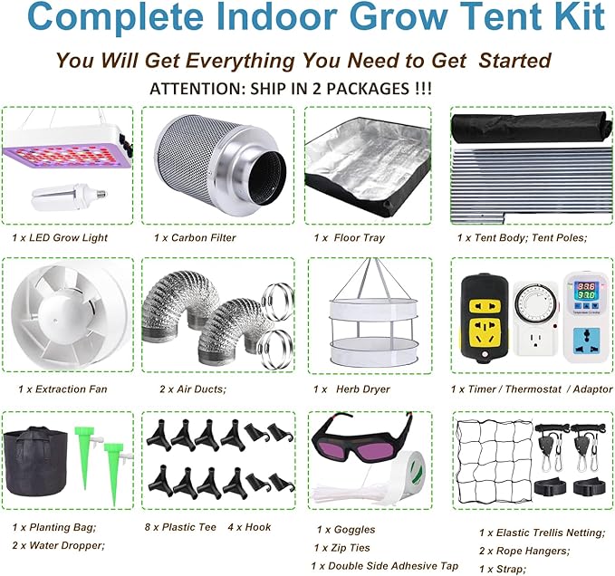 Grow Tent Kit Complete 4 x4 ft High Reflective Mylar Hydroponics Indoor Plant Growing Tent with LED Grow Light,Carbon Filter,Ventilaion Fan,Hydroponics Growing System+Accesseries (4 x 4 x 6.6 FT)