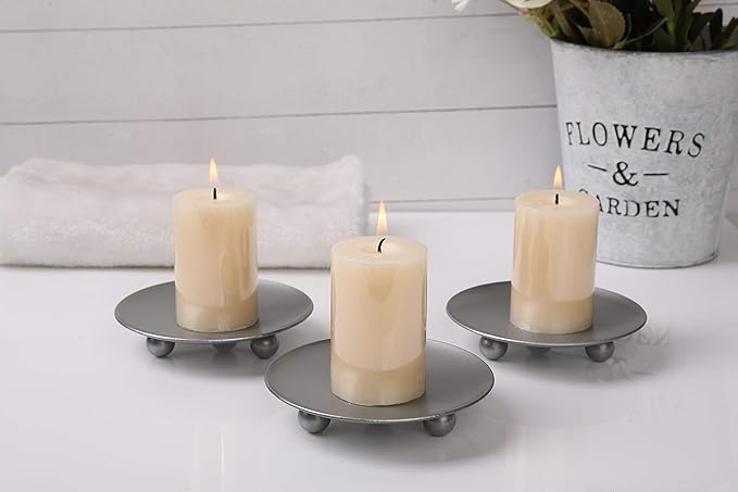 Scwhousi Silver Iron Plate Candle Holder, Decorative Iron Pillar Candle Holder, Set of 3,Candle Stand for Wax Candles
