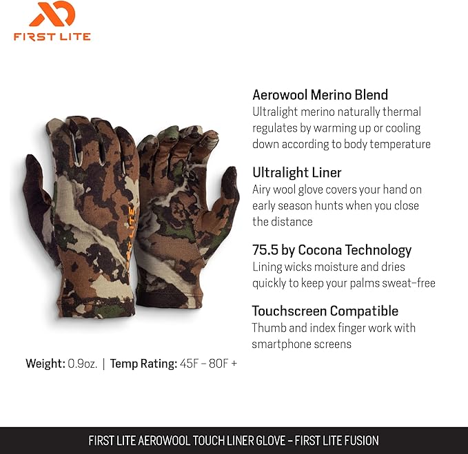 First Lite Aerowool Touch Liner Merino Wool Glove - Lightweight, Touchscreen Compatible Camo Hunting Gloves
