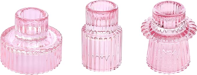 Vixdonos Pink Candlestick Holders Set of 3 Glass Candle Holders for Taper Candles,Pillar Candles and Tealight Candles