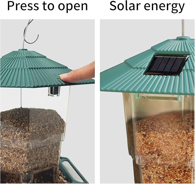 Solar Bird Feeder for Outdoors Hanging,Green Hanging Wild Bird Feeders with S Hook for Blue Bird, Cardinals, Finches,Wild Birds Seed Feeder, As Gift for Bird Lovers