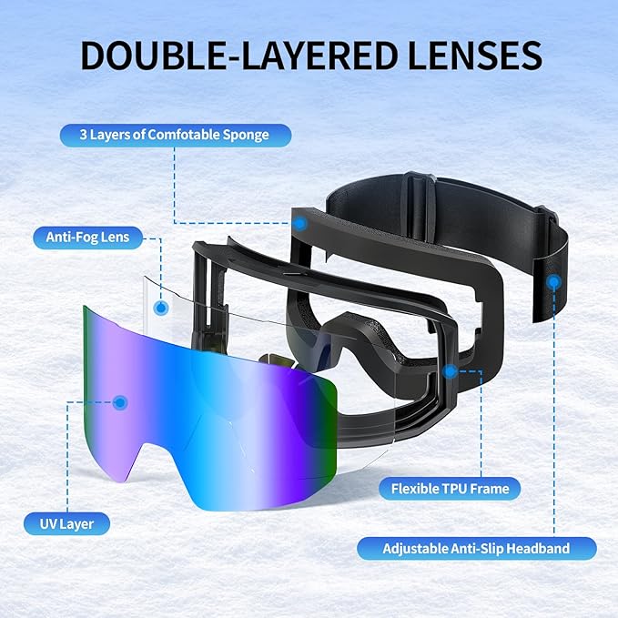 Ski Goggles for Men Women, OTG Snow Goggles, UV Protection Snowboard Goggles for Adult & Youth, Snowmobile, Sledding