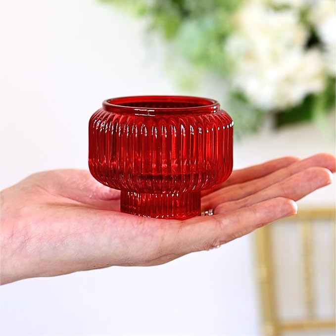 Kate Aspen Red Ribbed Taper Candle Holders for Candlesticks Set of 4 - Christmas Decor, Holiday Candle Holders, Red Candlesticks & Votive Candle Holder for Christmas Table Centerpieces