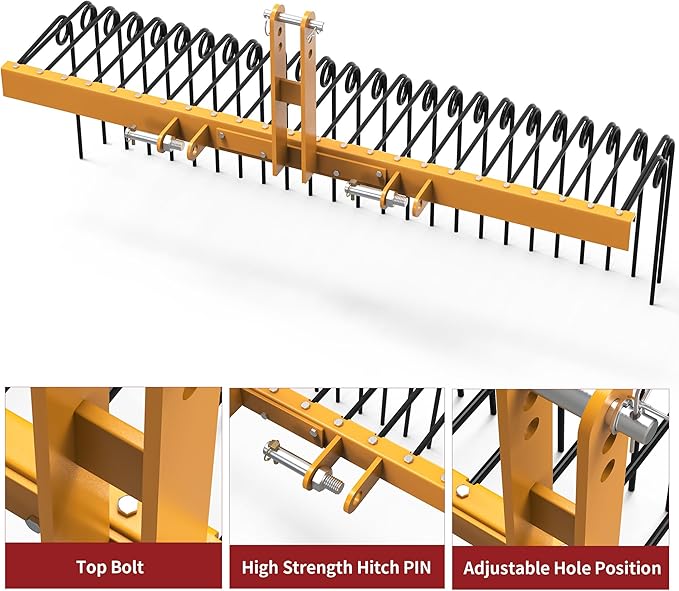 YITAMOTOR 60" Tow Behind Landscape Rake, 3 Point Quick Hitch Lawn Dethatcher Rakes with 28 Steel Tines for Category 1 Tractors, Heavy Duty Powder Coated Finish Tools for Leaves, Pine Needles, Straw