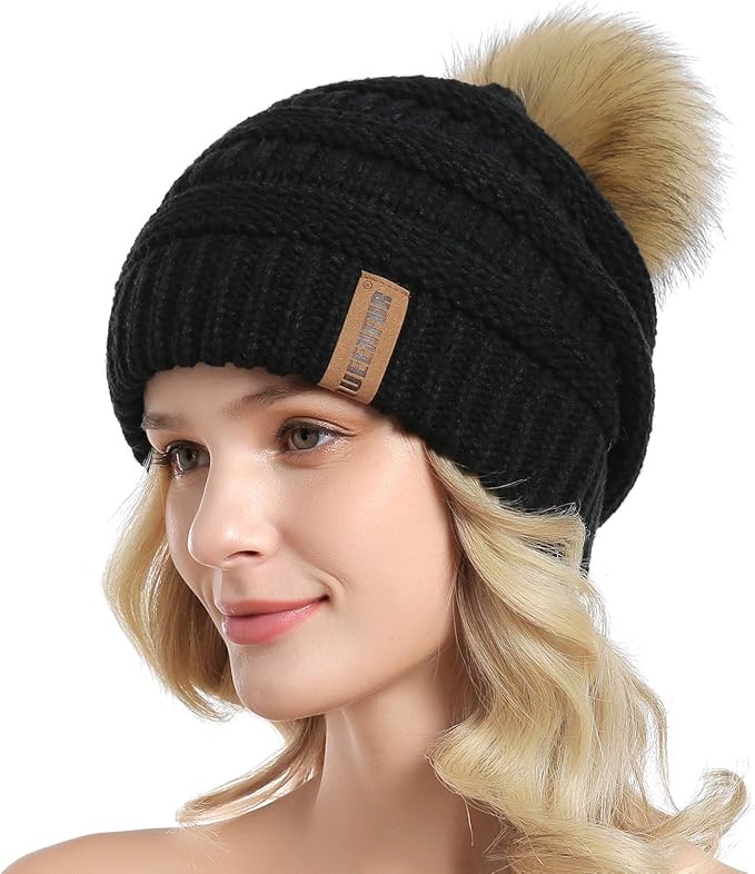 QUEENFUR Women Knit Slouchy Beanie Chunky Baggy Hat with Faux Fur Pompom Winter Soft Warm Ski Cap