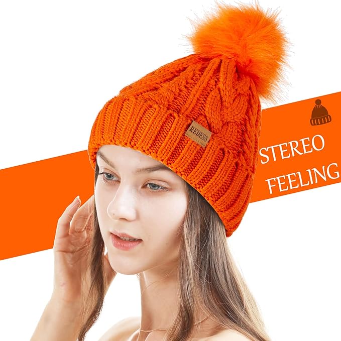 REDESS Women Winter Pompom Beanie Hat with Warm Fleece Lined, Thick Slouchy Snow Knit Skull Ski Cap