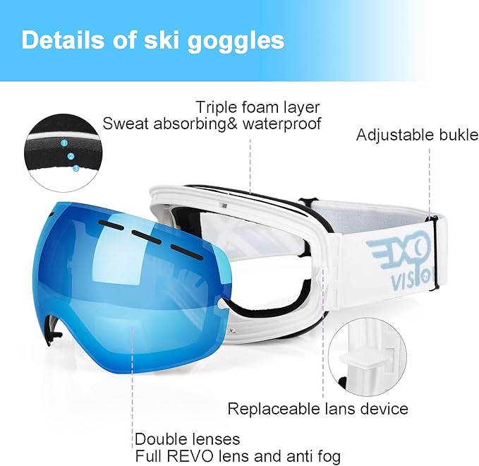 EXP VISION Snowboard Ski Goggles Men Women Youth, Anti Fog OTG Winter Snow Goggles Spherical Detachable Lens