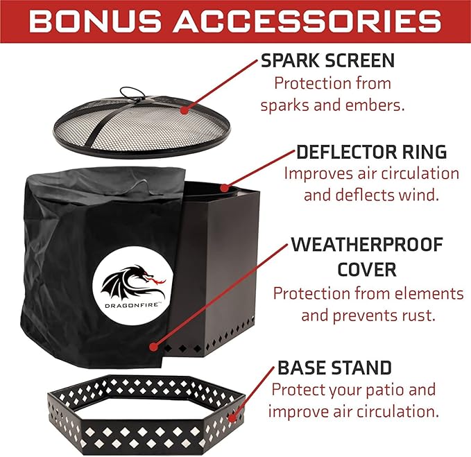 Dragonfire Smokeless Firepit, Accessories Included: Spark Screen, Base Stand, and Weatherproof Cover. Wood Pellet/Log Burning Large Outdoor Fire pit. Matte Black Finish, 23.5 Inch Backyard Patio Size.