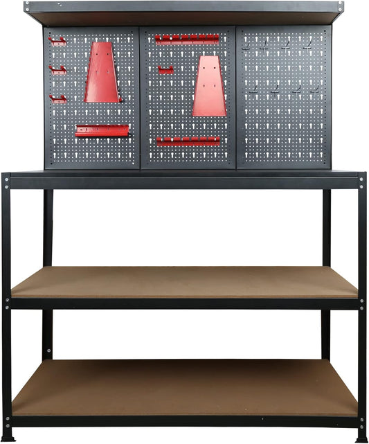 48inch Workbench with Peg Board, Multipurpose Tool Organizer and Work Bench with Double Storage Platform, Workbench in Garage Workshop (48" x 24" x 61")