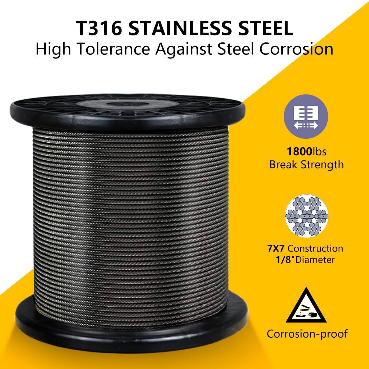 Black 500FT 1/8" T316 Stainless Steel Cable with Cutter, 7x7 Strands Aircraft Wire Rope for Deck Railing, Stair Handrail, Porch Fence, High Strength for Indoor and Outdoor Use