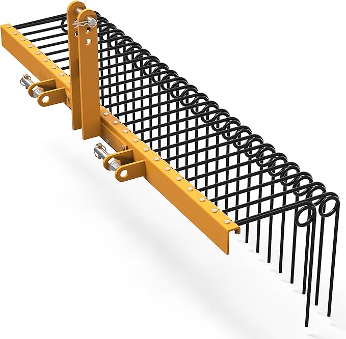 YITAMOTOR 60" Tow Behind Landscape Rake, 3 Point Quick Hitch Lawn Dethatcher Rakes with 28 Steel Tines for Category 1 Tractors, Heavy Duty Powder Coated Finish Tools for Leaves, Pine Needles, Straw