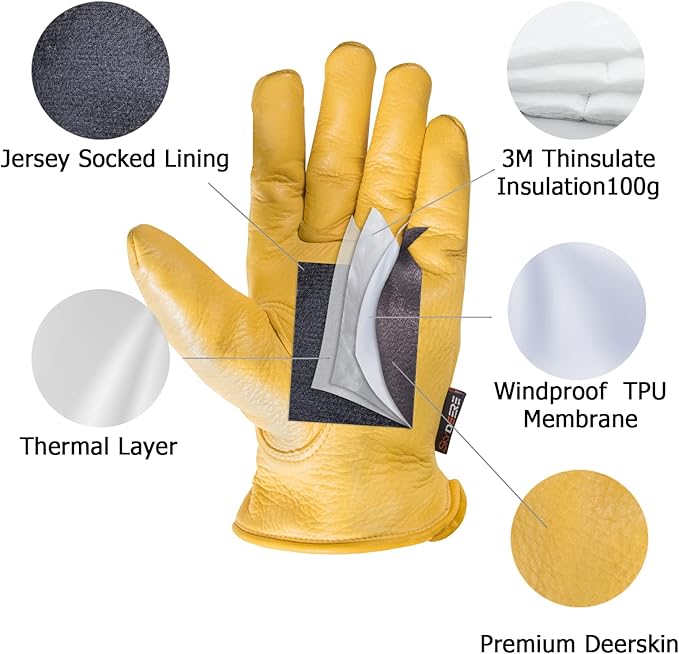 SKYDEER Full Deerskin Leather Winter Drive Work Gloves, Extra Soft 100G 3M Thinsulate, Thermal Insulated Gloves (SD2211T)