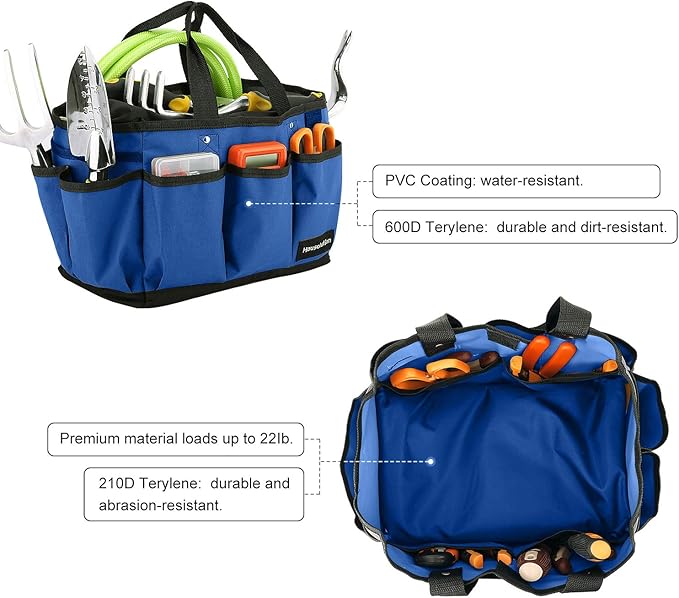Housolution Gardening Tote Bag, Deluxe Garden Tool Storage Bag and Home Organizer with Pockets, Wear-Resistant & Reusable, 14 Inch, Blue