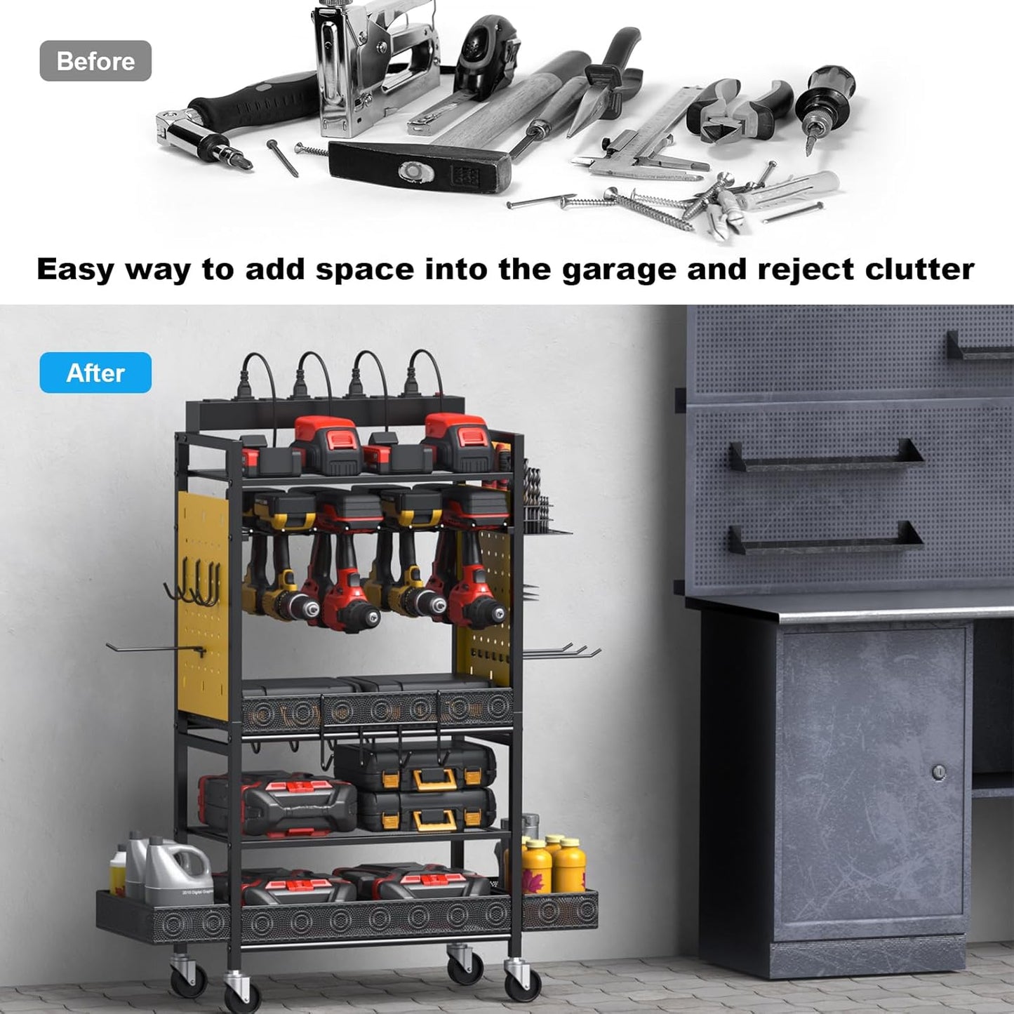 CCCEI Garage Power Tools Organizer Cart with Charging Station, Black Floor Standing Rolling Drill and Tools Battery Storage Cart on Wheels. Yellow Utility Rack Gift for Men, Husband, Father.