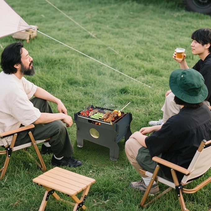 Camping Grill Fire Pit, 2 in 1 Portable Duel Fuel Charcoal or Gas Grill or Fire Pit, Detachable Steel Kabob Camp Grills Bonfire Stove with Hose for Outdoor Cooking BBQ for 13 Skewers